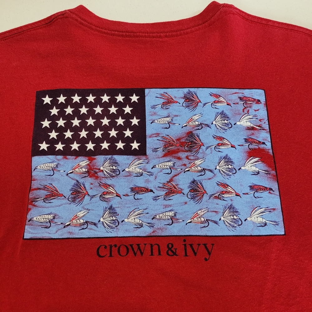 Crown & Ivy Men's XL Fishing Flies American Flag Short Sleeve Red Shirt